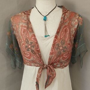 Sheer Crop Jacket Floral & Paisley Print Pink & Gray Tie Front Flirty Sexy Fem